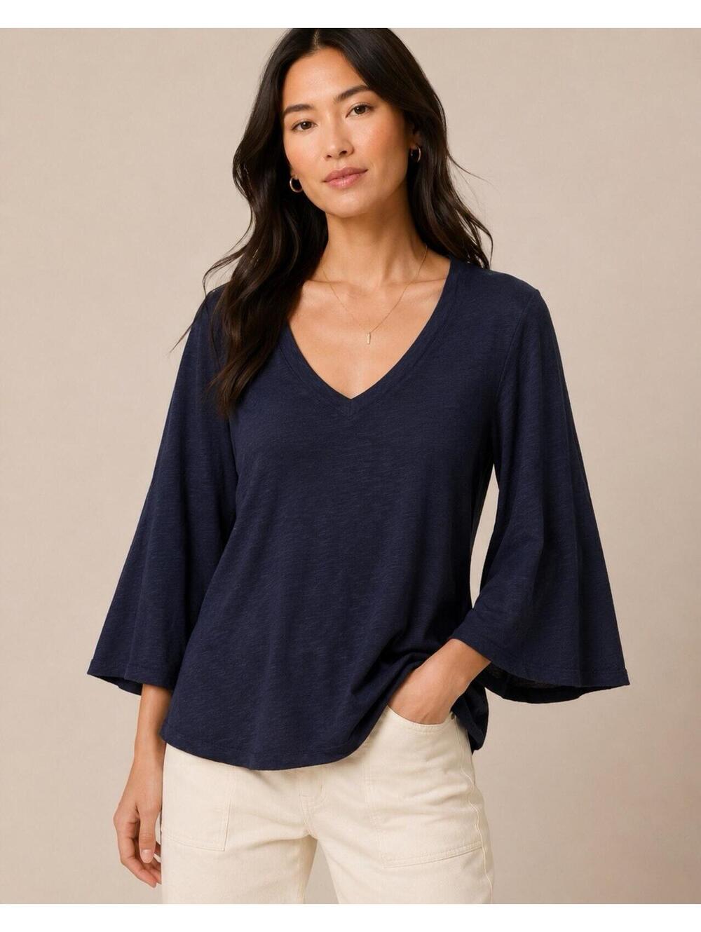 Meadow Rue Anthropologie Navy Bell Sleeve V Neck Slub Knit Top XL Cotton